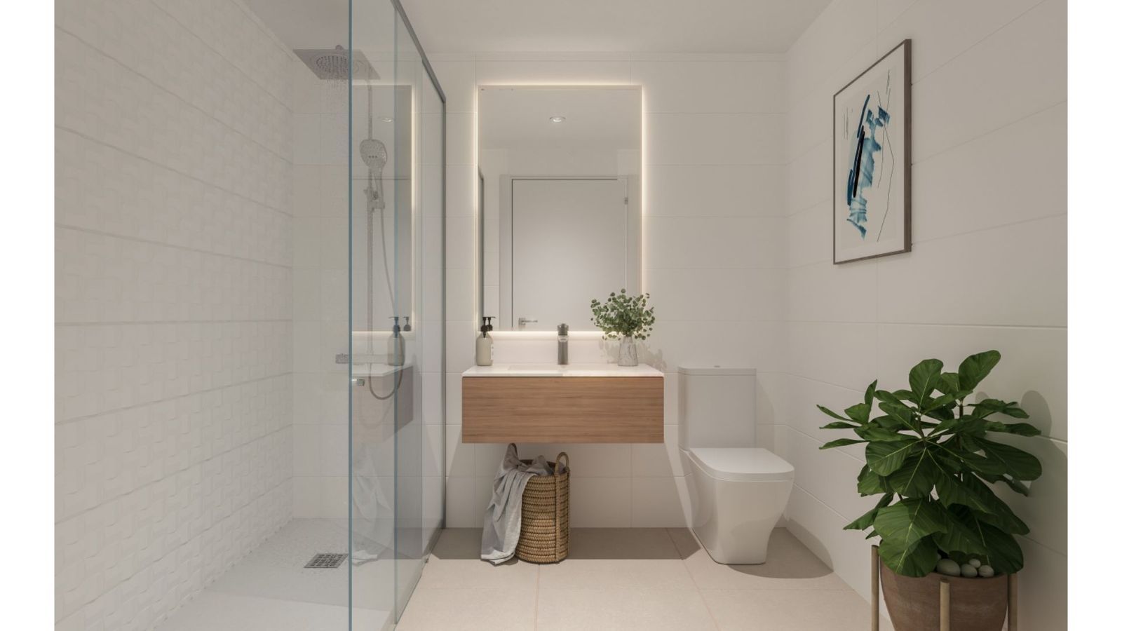 Moderne badkamer in Natura Estepona, Spanje, met douche, wastafel en toilet.