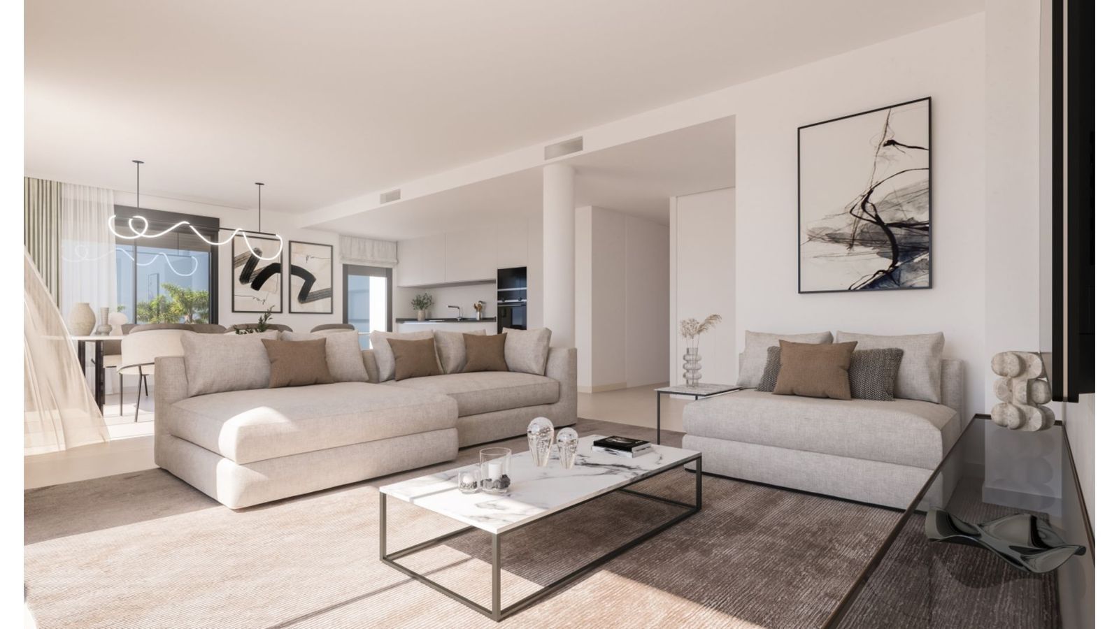 Modern appartement interieur in Estepona, Spanje, met open woonkamer en keuken.